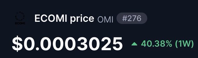 A dark-themed digital interface displays "ECOMI price OMI #276" with a value of $0.0003025, showing a 40.38% increase over one week.