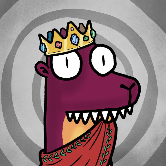 A cartoon illustration of a purple character wearing a golden crown with multicolored gems and a red toga with green laurel leaves, set against a gray spiral background.