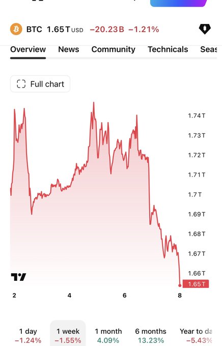 A TradingView chart displays BTC (Bitcoin) priced at 1.65T USD, down -20.23B or -1.21%, showing a weekly downtrend from a peak around 1.74T.