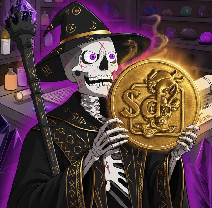 A skeleton wizard in a black robe with rune-covered robes holds up a large gold coin featuring the letters "SOL" alongside a skull design, with a purple wizard hat and staff, standing before shelves of potions, crystals, and mystical objects—aligning with the post about "@SOLANADEADS" being active on Solana spaces today.