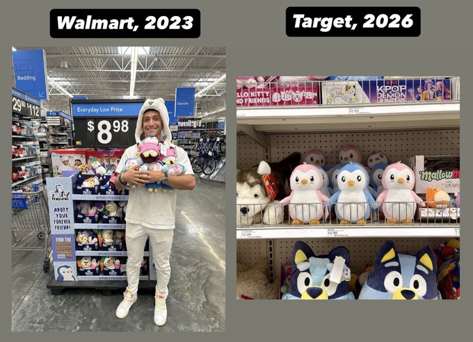 A comparison meme showing 'Walmart, 2023' with a man holding Squishmallows next to a display, versus 'Target, 2026' showing penguin Squishmallows on a shelf.