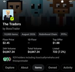 The image shows an OpenSea NFT collection page for "The Tradors" by BossTrad0r, featuring three pixelated character avatars (a brown creature, a blue zombie-like figure, and a teddy bear). The collection has a floor price of $2.45, 24H volume of $4,847.24, and 722 (7.2%) listed, with 929 holders including itsactuallymeha—this context fits the poster's message about minting 101 of these "Tradors" NFTs, suggesting they recently added to their collection.