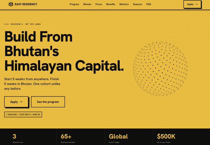 A website landing page for 'Easy Residency' featuring 'Build From Bhutan's Himalayan Capital' program by YZI Labs, with a deadline of 23:59 GMT+4 June 20 and stats showing 3 seasons, 65+ startups backed, Global icon stage, and $500K up to per team.