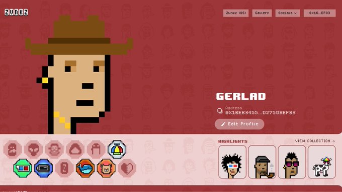 A CryptoPunks-style profile page shows user 'GERLAD' with address 0x18E83455...D275D8EF83, featuring a pixel art avatar wearing a cowboy hat and a collection of punk highlights.