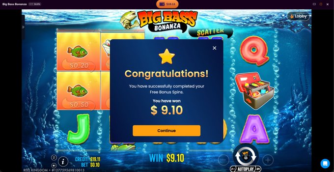 A screenshot of the 'Big Bass Bonanza' slot game displaying a 'Congratulations!' pop-up for winning $9.10 in a Free Bonus Spin.