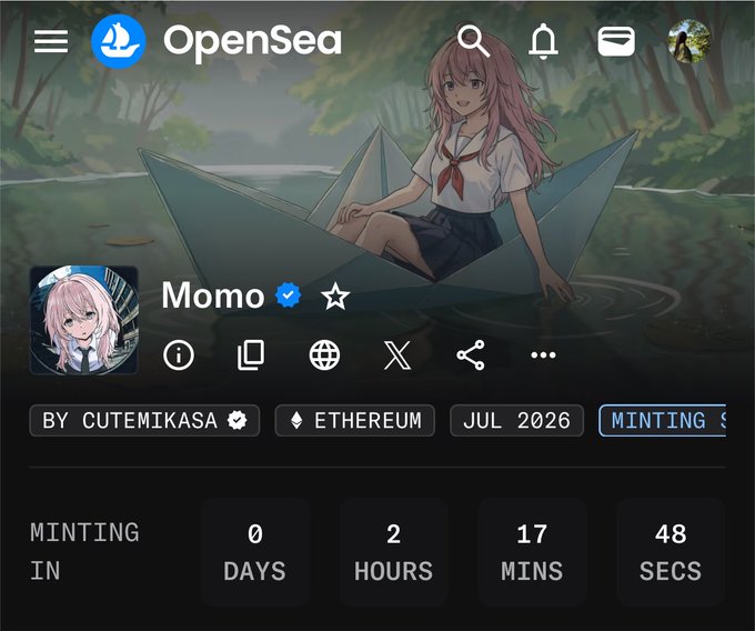 An OpenSea NFT page shows an anime girl in a paper boat titled "Momo" by Cutemikasa on Ethereum, with a countdown timer indicating minting starts in 0 days, 2 hours, 17 minutes, 48 seconds in July 2026.