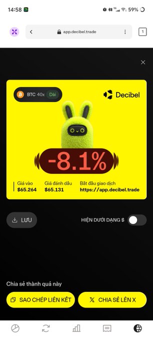 A screenshot shows the Decibel.trade app displaying BTC at 40x leverage with a -8.1% indicator, showing entry price $65,264 and current price $65,131.