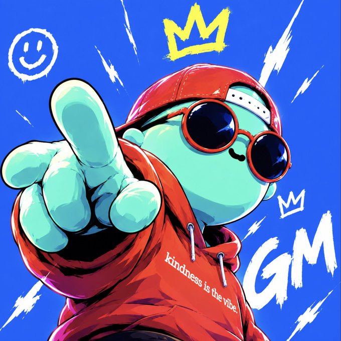 Digital artwork of a teal character wearing red sunglasses, a red cap, and a red hoodie with 'kindness is the vibe.' text, pointing forward against a blue background with 'GM' text and crown doodles.
