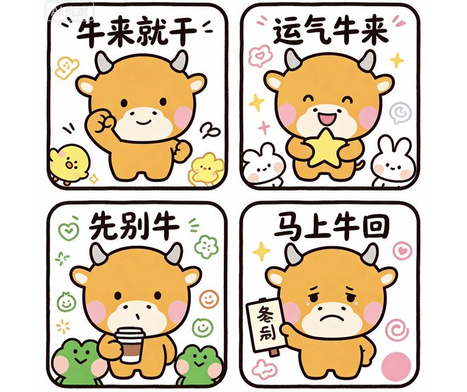 Four cute cartoon cow stickers with Chinese puns that play on the word "牛" (niú, meaning "cow" but also slang for "awesome/great"). The text reads "牛来就干" (Just do it when the time comes), "运气牛来" (Awesome luck has arrived), "先别牛" (Don't be so cocky yet), and "马上牛回" (Awesome comeback coming soon), with the last sticker showing the cow holding a "冬别" sign. The sticker set ties into the LINE community sticker creation event mentioned in the post, featuring playful mascot characters and small companion animals like chicks, frogs, and bunnies designed to appeal to everyday messaging users on the LINE platform.