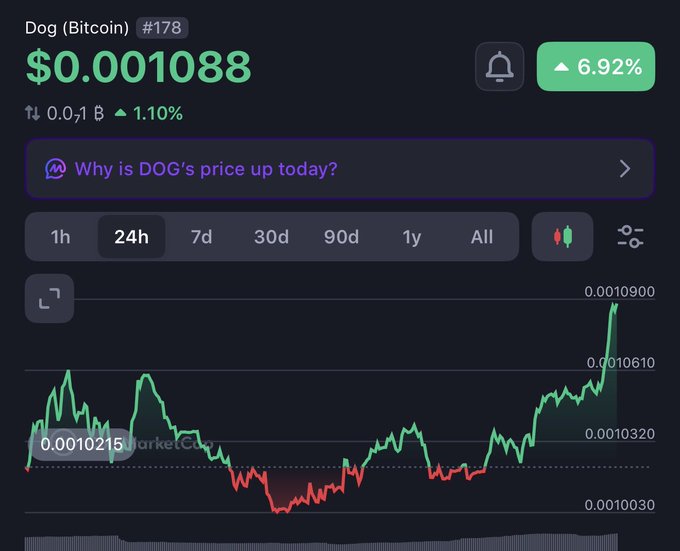 The image shows a cryptocurrency price tracker for Dog (Bitcoin), ticker $DOG (#178), currently priced at $0.001088 with a 6.92% gain and a 24h chart showing a sharp upward spike to 0.0010900, supporting the post's optimistic "We are back?" sentiment as the price recovers from a dip.
