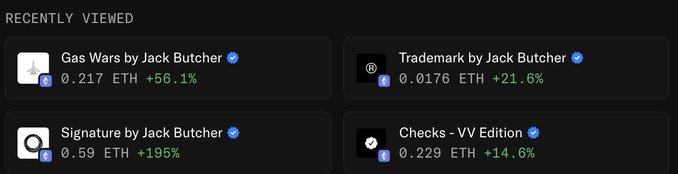 A screenshot showing 'RECENTLY VIEWED' NFT listings including 'Gas Wars by Jack Butcher' (0.217 ETH, +56.1%), 'Trademark by Jack Butcher' (0.0176 ETH, +21.6%), 'Signature by Jack Butcher' (0.59 ETH, +195%), and 'Checks - VV Edition' (0.229 ETH, +14.6%).