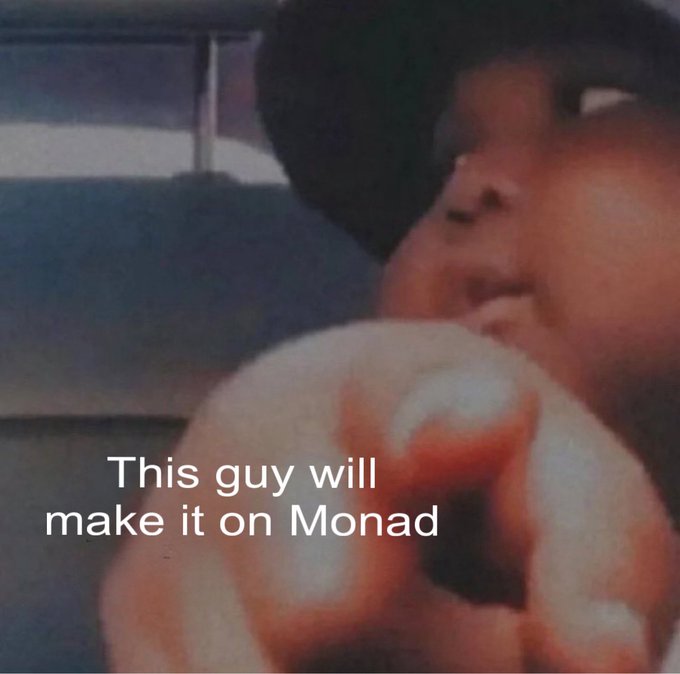 A meme-style image showing a young person looking forward with their hand pointing toward the camera, with overlaid text reading 'This guy will make it on Monad'.