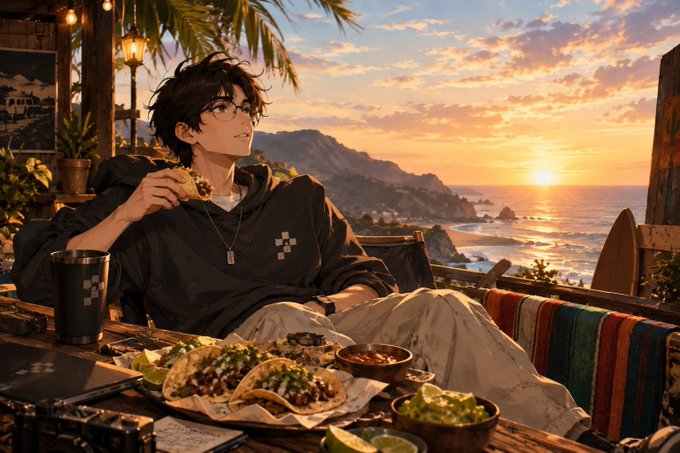 An anime-style young man with dark hair and glasses enjoys tacos at a beachside table during a vibrant sunset, with mountains visible in the background.