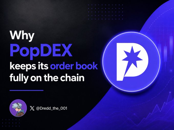 PopDEX promotional graphic asking 'Why PopDEX keeps its order book fully on the chain' featuring the PopDEX logo and credit to @Dredd_the_001 on X.
