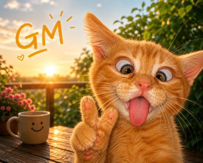 A cute orange kitten making a peace sign with its paw, with 'GM' written in yellow above, a smiling coffee mug, and a sunset background.