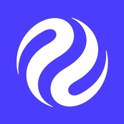 A simple logo featuring a white stylized 'S' or swirl design on a solid blue background.