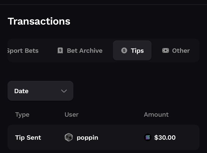 A mobile app 'Transactions' screen showing a tip of $30.00 sent to user 'poppin', with navigation tabs for Sport Bets, Bet Archive, Tips, and Other.