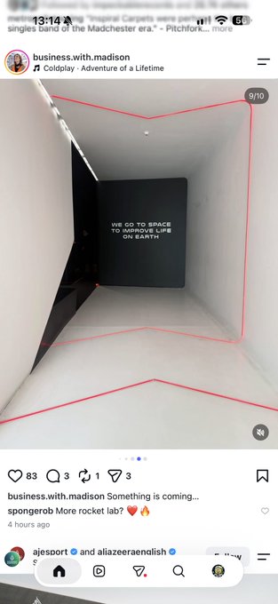 An Instagram screenshot from 'business.with.madison' teasing upcoming content, showing an angular white corridor leading to a black wall reading 'WE GO TO SPACE TO REMIND LIFE ON EARTH.'