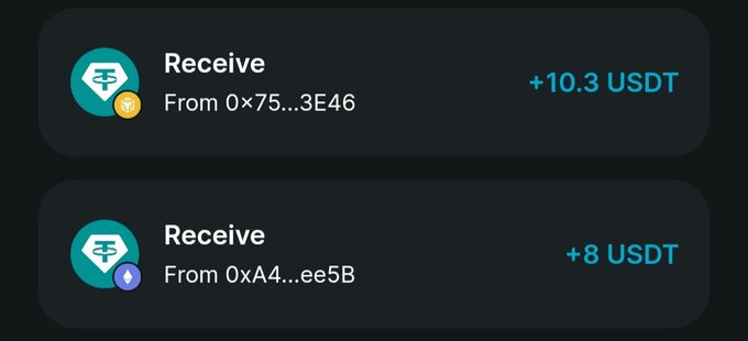 Mobile wallet screenshot showing two received USDT transactions: +10.3 USDT from 0x75...3E46 and +8 USDT from 0xA4...ee5B.