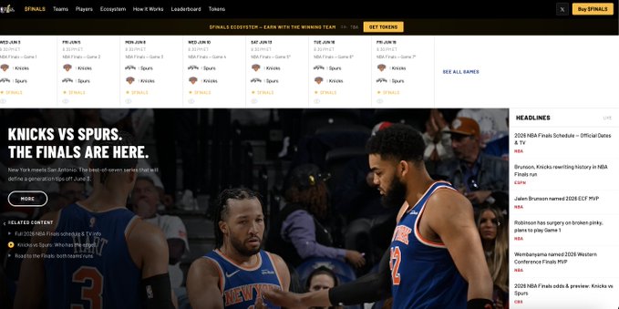 The image displays a basketball calendar featuring the championship title "Knicks vs Spurrs" with a basketball player's name, the NBA's Final Four start date, and a description of the final product. The website showcases this information along with additional details about the Final Four, including its theme, how to participate in it, and the benefits for those who opt to use these features.