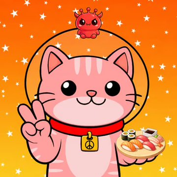 A cartoon illustration of a smiling pink cat wearing a red collar featuring a peace sign, holding up a peace sign with one paw and a sushi platter with the other.