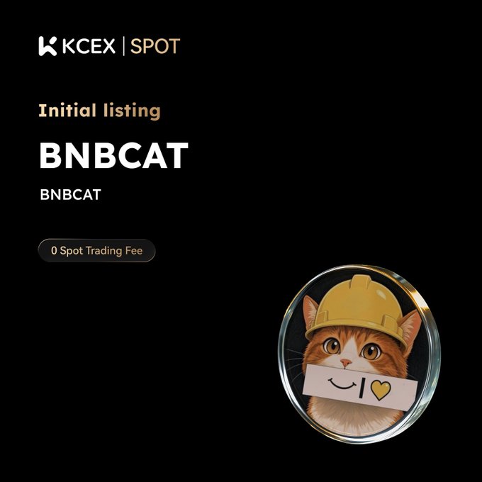 A KCEX Spot exchange promotional graphic announces the initial listing of meme token BNBCAT ($BNBCAT) on its platform, featuring "0 Spot Trading Fee" and a circular portrait of an orange cat wearing a yellow construction helmet holding a "ʕ•ᴥ•ʔ <3" note, aligning with the post's announcement of zero-fee trading opening on 2026-08-24.