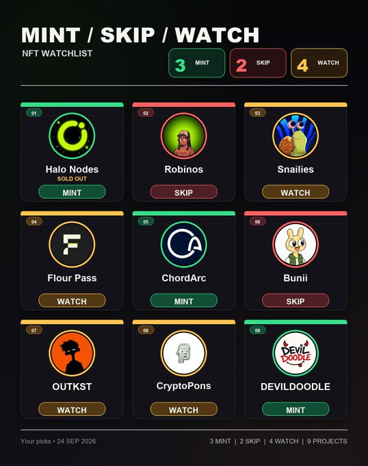 NFT Watchlist dashboard with 'MINT / SKIP / WATCH' tabs showing 9 NFT projects including Halo Nodes (SOLD OUT), Robinos (SKIP), Snailies (WATCH), Flour Pass, ChordArc, Bunii, OUTKST, CryptoPons, and DEVILDOODLE with stats '3 MINT | 2 SKIP | 4 WATCH | 9 PROJECTS'.