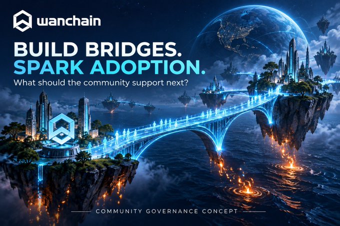 A promotional graphic for 'Wanchain' features the tagline 'BUILD BRIDGES. SPARK ADOPTION. What should the community support next?' over a fantasy illustration of glowing bridges connecting floating futuristic islands above an ocean, labeled 'COMMUNITY GOVERNANCE CONCEPT' at the bottom.