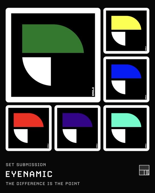 The image showcases a poster titled "SET SUBMISSION EYENAMIC - THE DIFFERENCE IS THE POINT," featuring a collection of six framed abstract artworks with colorful geometric shapes (green, yellow, blue, red, purple, and teal) on black backgrounds, each stamped "EMOJI." The designs relate to the opepen.art submission link, likely serving as promotional artwork for the EYENAMIC set submission on that platform.