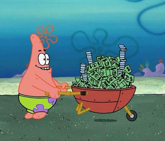 The image shows Patrick Star from SpongeBob SquarePants happily pushing a red wheelbarrow overflowing with stacks of cash (dollar bills) and tall coin stacks, grinning with excitement. It relates to the post about "$20 for breakfast" by humorously exaggerating the amount of money, replacing a modest breakfast expense with an absurdly large pile of wealth, emphasizing the lighthearted, boastful tone of a relaxed Sunday morning flex.