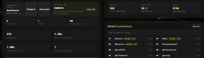 A dark-themed wallet or dashboard interface showing account details, points (568), and a 'Global Leaderboard' with usernames like '@l.becks1' and '@Jaros.', along with tabs for VAPS SCORE, STREAK MULTIPLIER, and REFERRAL POINTS.