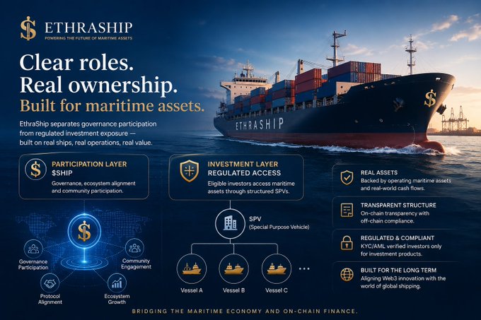 An infographic for 'ETHRASHIP' promoting maritime asset tokenization, featuring a cargo ship and explaining the Participation Layer ($SHIP) and Investment Layer with SPVs for vessels.