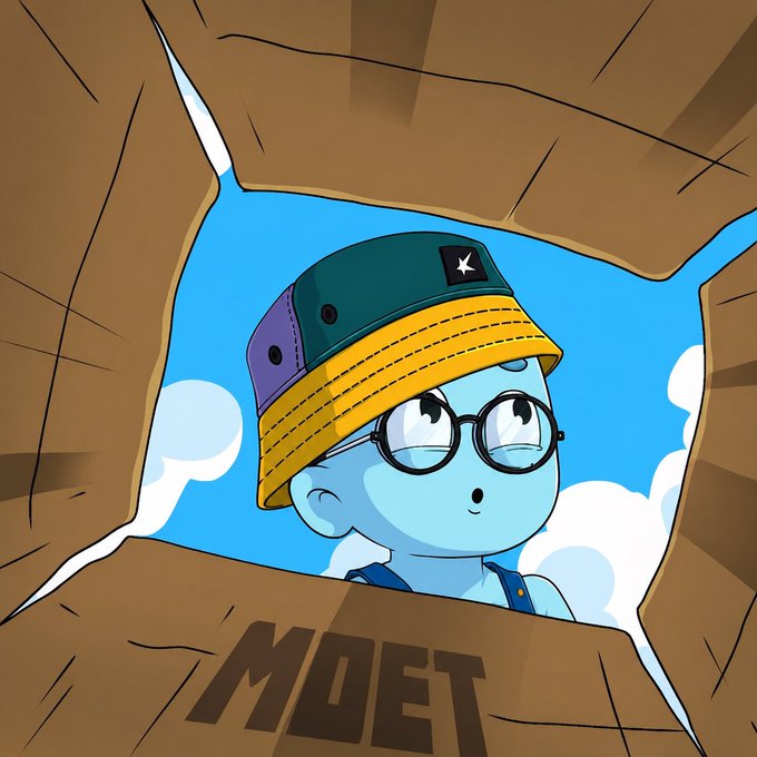 A cartoon illustration of a blue-skinned baby wearing glasses and a colorful bucket hat peeks out from inside a cardboard box with 'MOET' printed on the side.