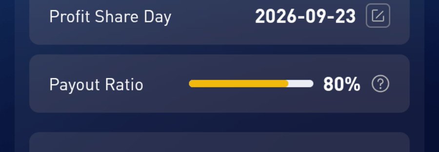 A settings panel showing 'Profit Share Day' set to '2026-09-23' and a 'Payout Ratio' slider filled to 80% in orange against a dark blue background.