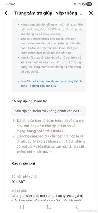 A Vietnamese-language support center page from MEXC about refund requests, mentioning a 20 USDT processing fee and the wallet address OPBNB.