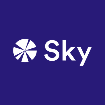 The image displays the Sky logo, featuring a white pinwheel-like emblem next to the word "Sky" in white lettering on a dark blue background, which represents the Sky protocol referenced in the announcement about its first SKY token burn of 2.86M tokens using 5% of its monthly net protocol surplus.