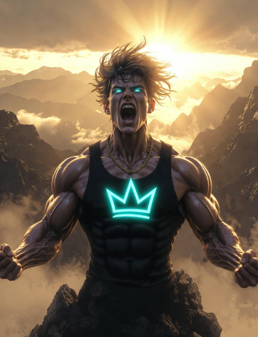The image features an illustration of a muscular man with blue eyes wearing a black tank top that has a crown design on it. The man appears to be shouting or roaring, which adds intensity to his appearance. The background shows mountains under a cloudy sky, creating a dramatic and powerful atmosphere. The caption above the image reads "GM CT What interests me about @quipnetwork isn' t the airdrop or reward points. It' s the idea of turning thousands of idle CPUs/GPUs into a useful computing network." This suggests that the man's muscular physique could be compared to the power and strength of a large, idle CPU waiting to be utilized in an AI-driven computing system.