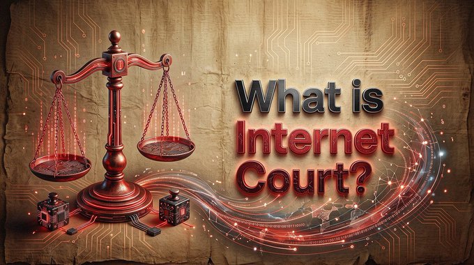 The image displays a red-tinted scale of justice alongside small judges' gavels on a textured stone background, with the text "What is Internet Court?" prominently featured amid glowing circuit board patterns.

The image visually echoes the post's theme by pairing traditional legal symbolism (the scales of justice) with digital/technological elements (circuit patterns), framing the question of "What is Internet Court?" — directly mirroring the post's call for a shared memory layer that would allow autonomous agents across separate systems to resolve disputes and connect contracts with funds.