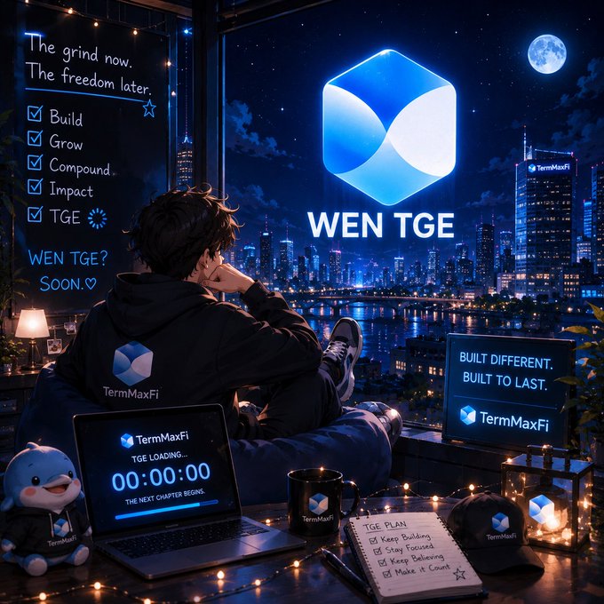 Anime-style promotional artwork for 'TermMaxFi' showing a person sitting by a window overlooking a nighttime city, with a laptop displaying a 'TGE LOADING 00:00:00' countdown, a checklist ('Build, Grow, Compound, Impact, TGE'), and 'WEN TGE' text.