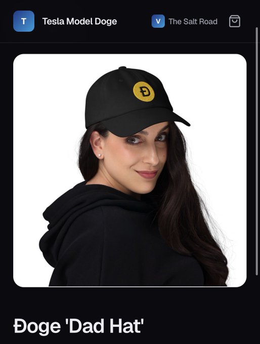 An advertisement showing a woman wearing a black 'Doge' cap featuring a yellow Dogecoin cryptocurrency logo, with text listing 'Tesla Model Doge', 'The Salt Road', and the product name 'Doge Dad Hat'.