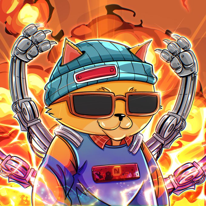 A cartoon fox character with a beanie, sunglasses, and robotic arms strikes a dynamic pose against a fiery background, with "N" displayed on its chest. The image aligns with the post, as the artist is celebrating their birthday by opening commissions for custom NFT artwork in their distinctive style.