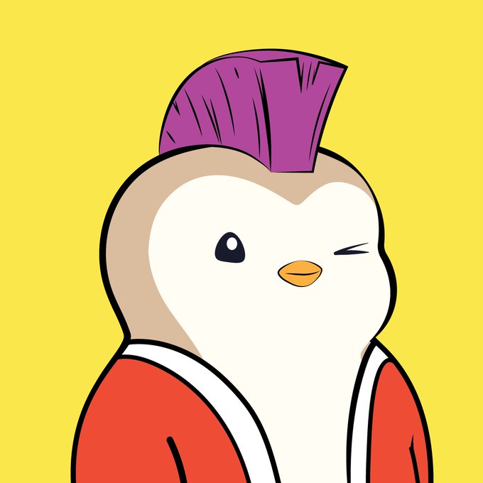 A cartoon penguin with a purple mohawk hairstyle, wearing a red jacket with white trim, winks against a bright yellow background.