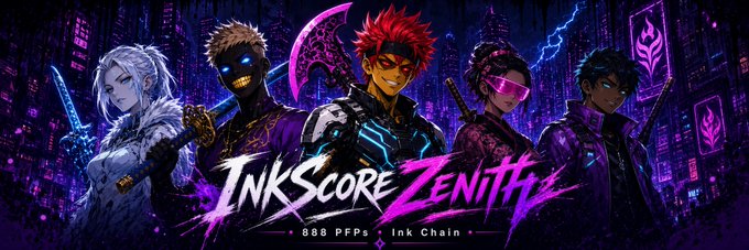 Promotional artwork for 'Inkscore Zenith' featuring five anime-style cyberpunk characters, with text noting '888 PFPs' and 'Ink Chain'.