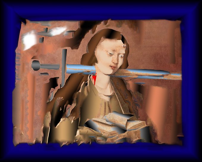 A stylized, glitchy 3D render depicts a person in medieval-style clothing reading a book, framed by a blue border with abstract visual artifacts.