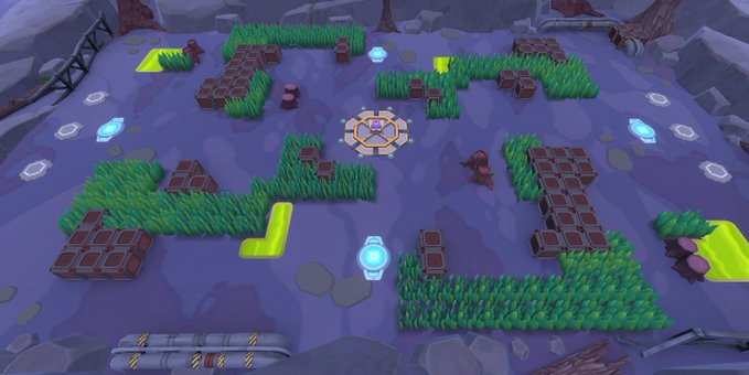 The image shows a top-down view of a puzzle or strategy game level featuring a central circular platform surrounded by grass patches, stone blocks, and glowing green and blue portals on a dark purple terrain. The accompanying post announces a Discord challenge testing GFC (Game) lore knowledge, suggesting this may be a teaser image of an upcoming puzzle or lore-related challenge.
