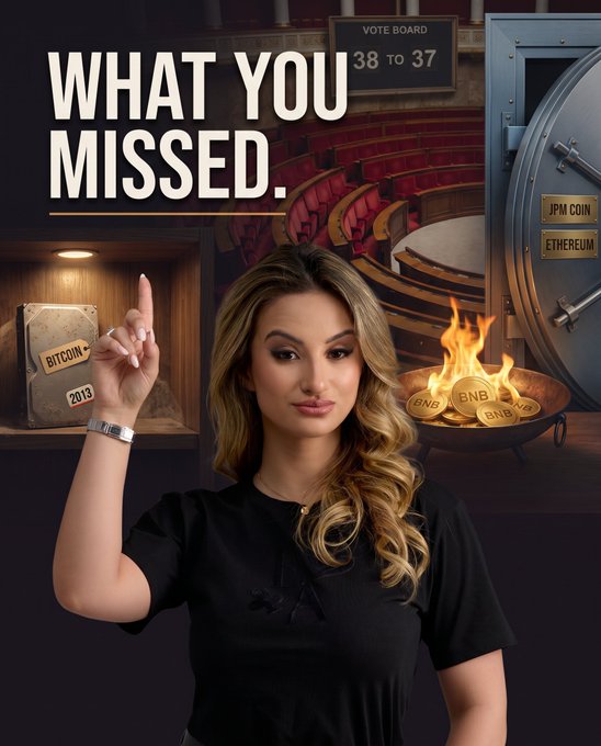 The image shows a woman in a black shirt pointing upward, with the bold headline "WHAT YOU MISSED." behind her, surrounded by graphics of a vault labeled "JPM COIN ETHEREUM," a "VOTE BOARD" showing "38 TO 37," a 2013 Bitcoin wallet, and BNB coins burning in a fire bowl. The visuals tie directly to the post's key news points: the long-dormant Bitcoin wallet from 2013, BNB, and the broader theme of catching up on overlooked crypto headlines.