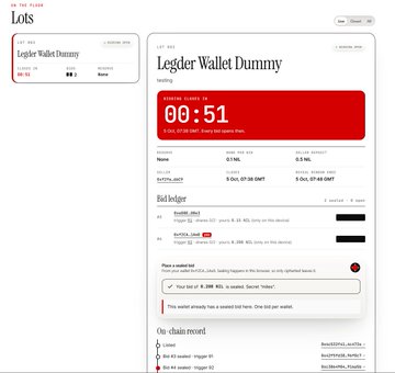A web dashboard for a 'Ledger Wallet Dummy' listing with a closing timer at 00:51 and details including bidding history and on-chain data.