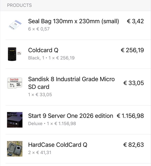 A product list displays five items with prices in euros, including a Coldcard Q hardware wallet (€256.19), a Sandisk 8GB Industrial Grade Micro SD card (€33.05), a Start 9 Server One 2026 edition (€1,156.98), a HardCase ColdCard Q (€82.63), and Seal Bags (€3.42). The image relates to the post by showcasing the specific Bitcoin security products (hardware wallet, case, SD card, and tamper-evident bags) that @Thebitcoinway_ offers for self-custody and seed phrase backup protection.