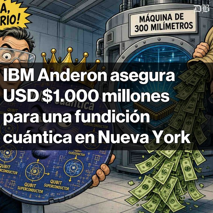 A cartoon-style news graphic with Spanish text reading 'IBM Anderon asegura USD $1.000 millones para una fundición cuántica en Nueva York', showing a character with a 'MÁQUINA DE 300 MILÍMETROS' and money.