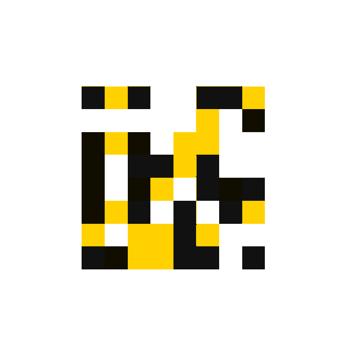 A pixelated yellow and black QR code or digital art piece displayed on a white background.